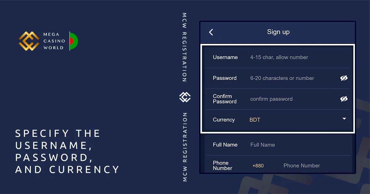 Fill in username, password, select currency - MCW Registration